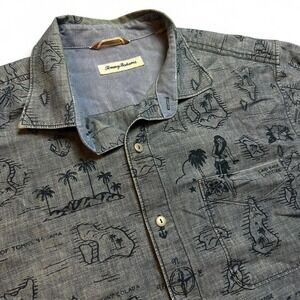 Tommy Bahama Hawaiian themed blue vacation beach button shirt size large